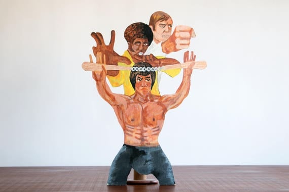 1970's Outsider Art Acrylic Painting of Bruce Lee, Chuck Norris, Jim Kelly // Martial Arts, Karate, Art, Cut-out // Vintage, Hipster, Folk