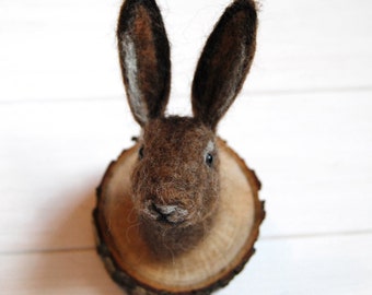 Needle Felted Hare Head Trophy, Faux Taxidermy Animal Head, Handmade Fibre Art, Miniature, 3D Wool Sculpture, Wall Mounted, Made To Order