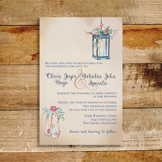 Vintage Wedding Invitation Candles and Roses Watercolor