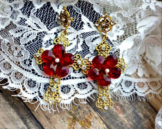 Baroque Cross Red Flower Earrings Byzantine RED Rhinestone Gold Metal Drop Dangle wedding party jewelry gold filigree birthday gift for her