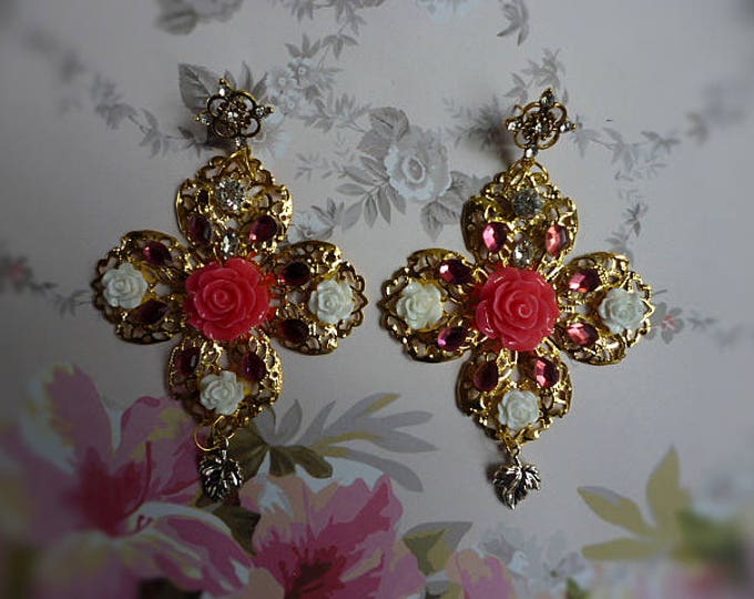 Gold pink White Flower Long Earrings baroque Dolce Style Multicolor sicilian Floral Jewelry Wedding Mother's day gift Bridesmaid celebration