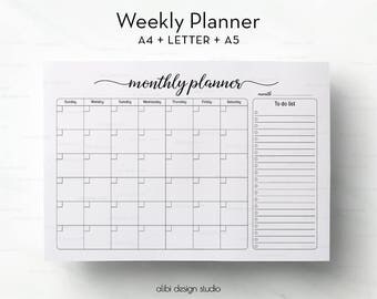 Monthly Planner, Monthly Calendar, Monthly Organiser, Printable Planner, To Do List , Daily Planner, A4 Printable, A5 Planner Inserts