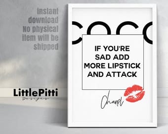 Lipstick print, makeup quote, lipstick wall art, chanel quote, chanel lipstick, chanel room decor, lipstick art, coco chanel lipstick, coco