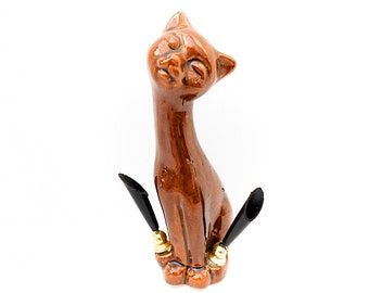 French Vintage Brown Ceramic Cat Pen Holder (C096)
