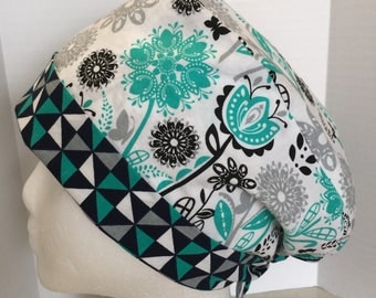 Scrub Cap for Women, Scrub hat, Scrub cap, Scrub Hat for Women, Navy Blue and Pool Green Pattern Pixie Scrub hat, Surgical Scrub hat