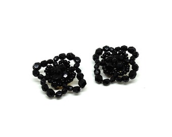 1950's Vintage Clip on Earrings | Black Beaded Flower Clip Earrings | Vintage Earrings | Black Clip earrings