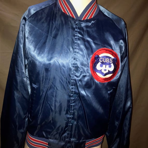 Vintage Mens Medium Blue Chicago Cubs Satin Chalkine Bomber