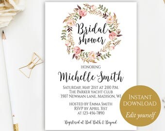 Bridal Shower Invite Template, Bridal Shower Invitation, Printable Bridal Shower, DIY Bridal Shower Invitation, Floral Invite, Editable PDF