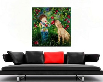 Oil Painting, For kids, Boy, Dog, Red apples, Nature, Insects