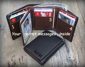 Fathers Day - Father's Gift for him - Trifold Wallet - Personalized Mens Wallet -RFID Wallet -Gift for Dad -Leather Mens Wallet -Blk/Tof7133