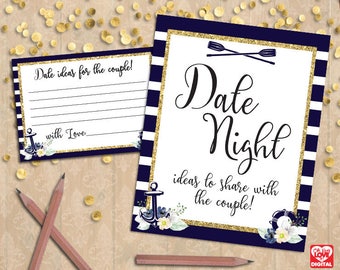 Date Night Ideas Sign & Card | Date Night Cards Sign | Printable Bridal Shower, Nautical Wedding Sign, Nautical Shower Instant Download, JPG