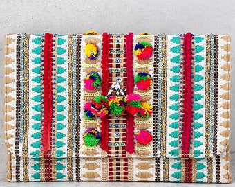 Serengeti Beige Beaded Pompom Clutch