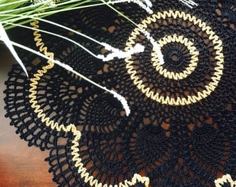 Black and Gold Doily - Lace Doily - Coffee Table Doily - Pineapple Crochet Doily - Handmade Doilies - Rustic Decor - Housewarming Gift