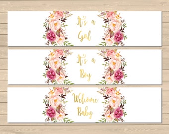 Gold Boho Printable Water Bottle Labels, Floral DIY Water Bottle Labels, Gold Foil Labels, Boho Baby Shower Decor, Instant Download, 025-G