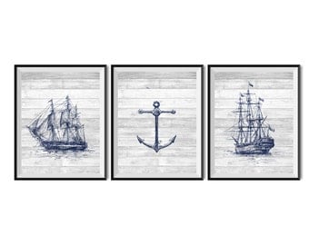 Set of 3 Nautical art prints, Printable art, Nautical decor, Old ship, Anchor, Vintage Nautical printables, Wall art prints