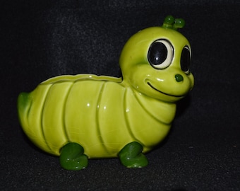 Vintage Green Caterpillar Planter, Ceramic Caterpillar Worm Plant Holder, Happy Green Worm Painted Planter, Unsigned