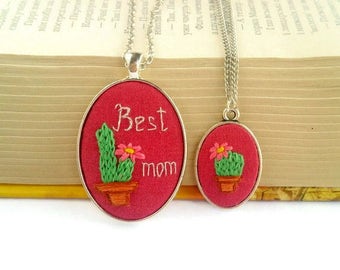Mother daughter necklace set Embroidery jewelry gift|for|mom necklace Succulent pendant Cactus necklace Matching mommy daughter necklaces