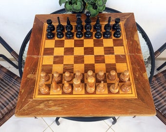 Vintage chess set Wooden chess set Big chess set 19x19 in chess set Chess game Family game Board game Wooden pieces Home decor Gift idea