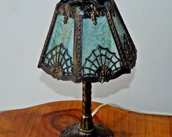 Slag Glass Boudoir Table Lamp, Art Nouveau Table Lamp, Metal Desk Lamp, Vintage Lamp, Goth