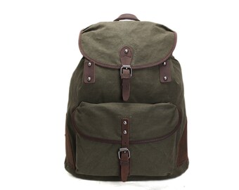 Men Women Handmade Leather Canvas Backpack, School Backpack, Hiking Travel Backpack Day Bag 15"