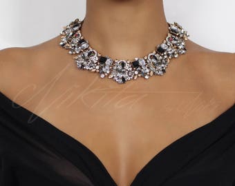 Black & Gold Rhinestone Statement Bib Necklace