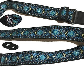 Hootenanny Guitar Strap Set 2 Strap Locks and Picks. Nylon Woven Jacquard Guitar Strap - Suitable For Bass, Electric & Acoustic Guitars