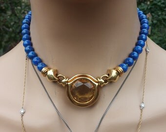 GUCCI 18k Gold 51ct Center Citrine Lapis Lazuli Gucci Necklace Unique One Of A Kind