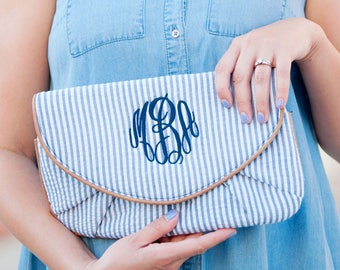 Monogram Clutch Purse, Monogram Seersucker Clutch, Monogram Wristlet, Personalized Seersucker Clutch, Bridesmaids Gifts, Graduation Gift