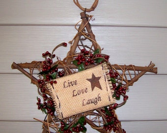 Live Love Laugh Country Primitive Rust Star 10" Wreath~BERRIES~Burlap wall sign