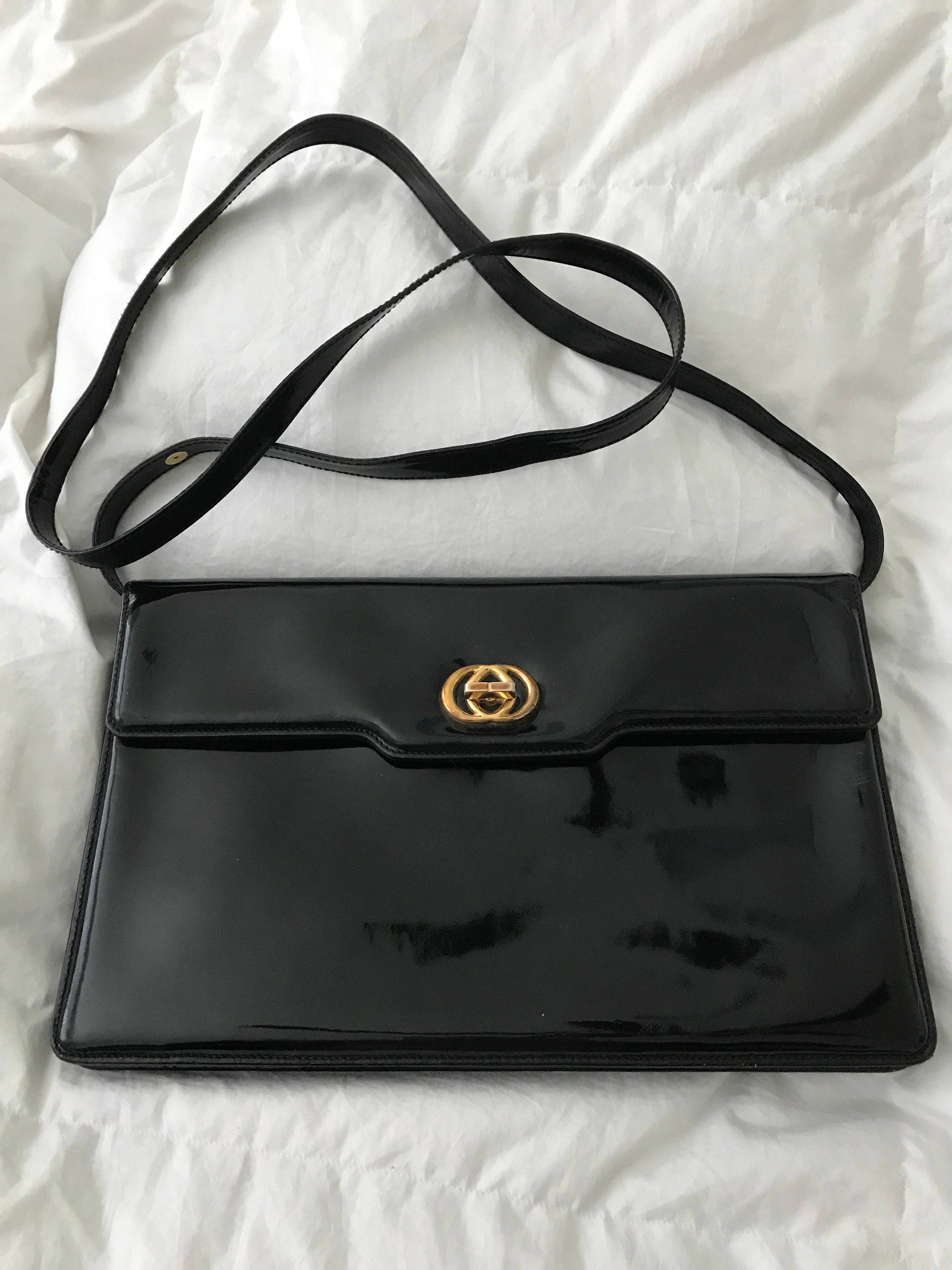 Vintage Black Patent Leather Gucci Cross body Clutch Handbag