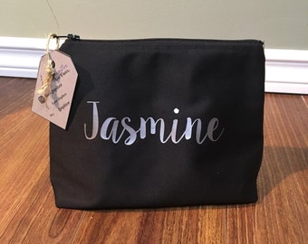 Black custom or personalized makeup bag, toiletry bag, cosmetic bag