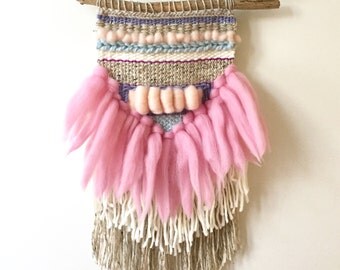 Woven wall hanging | pink nursery wall art, kids room, fiber art, Junah Woods