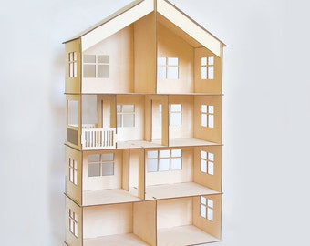 Doll house with garage and attic, dollhouse, Wood dollhouse, Dollhouse kit, Natural dollhouse, Modern dollhouse, 1:12 scale