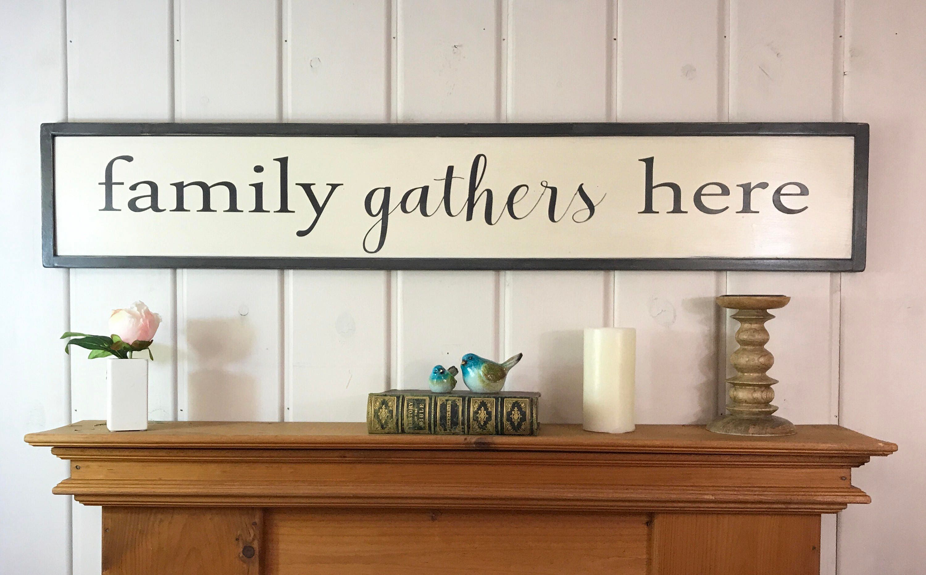 Framed wood sign Family gathers here sign rustic wall