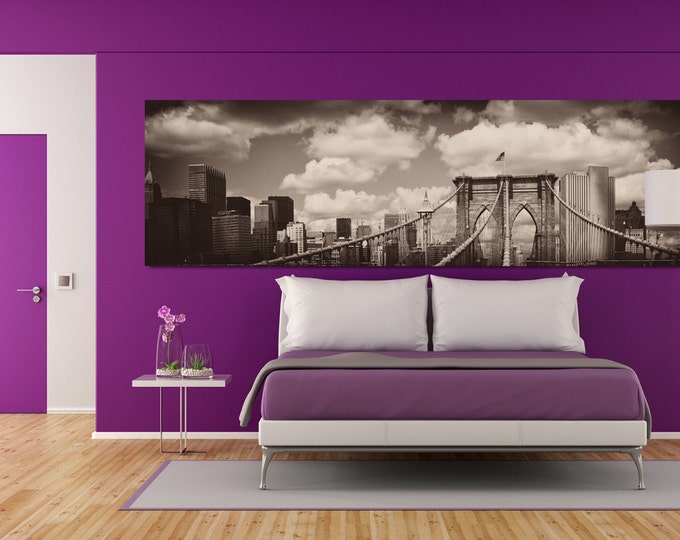 Black and white brooklyn bridge panoramic canvas wall art, brooklyn bridge black and white print, new york print, manhattan bridge