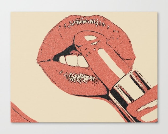 Erotic Art Canvas Print - Talk dirty to me, very naughty... sexy pop art style print, sensual lips close up, red, kinky lipstick at 300 dpi