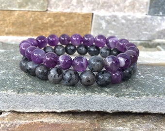 Partner bracelets bracelet set him and her 8mm Larvikitt Amethyst long distance relationship