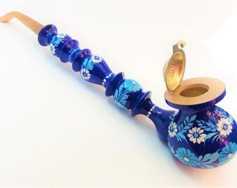 Smoking pipe wood - Long tobacco smoking pipe - Hand-painted - Boho peace pipe with hinged lid - Carved blue and white floral smoking pipe
