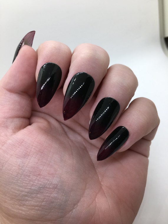 Black to Dark Purple Gradient Fake Nails Glue On Nails