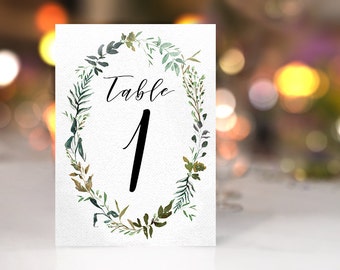 Greenery Wreath Wedding Table Numbers Leafy Green Wedding Decor Garden Botanical Watercolour Leaves digital table numbers INSTANT DOWNLOAD