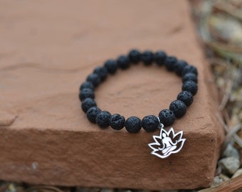 Lava Rock Meditation Lotus Bracelet / Yoga Jewelry / Wrist Mala / Stacking Jewelry / Prayer Beads / Charm / Meditation / BOHO / Unisex