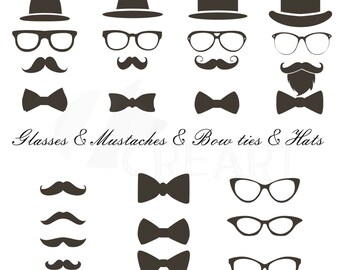 Mustaches, hats, glass, bowtie Clipart, Hipster icons, for commercial or personal use (vector, pdf, png, svg, dxf, and eps files included).