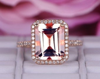 7X9mm Morganite wedding ring/14k rose gold diamond band/Halo Stacking ring/Emerald cut pink morganite ring/Promise bridal ring/Pave set