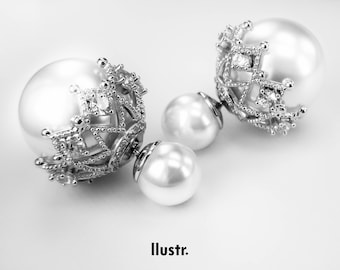 Sales!Double Pearl Earring With Crown/Double Sided Earring For Her/Front Back Earring/Double Ball Earring/Pearl Stud Earring/Dior Earring