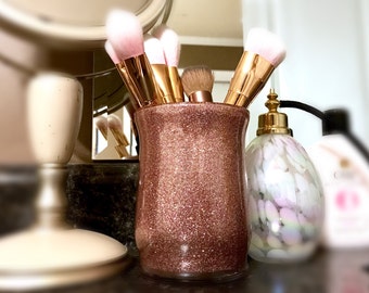 Rose Gold Makeup brush holders - Luxury Glitter Makeup Jars Contemporary Chic bathroom decor dorm vanity Cosmetic Organizer Bridesmaid Gifts