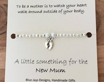 Baby Shower Gift, New Mum Jewellery, New Baby Gifts, Baby Feet Charm, Gift Under 10, Silver Bracelet, Mothers Day Gift, First Mothers Day