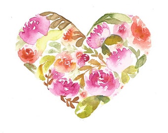 Floral Heart Painting, Heart watercolor original, Original Painting, Floral Heart, watercolor Heart, Mother's Day gift,Love Heart,Roses 5x7