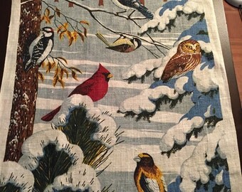 Beautiful Linen tea towel with lovely birds Cardinal, Blue Jays, Owl, and Chickadee.