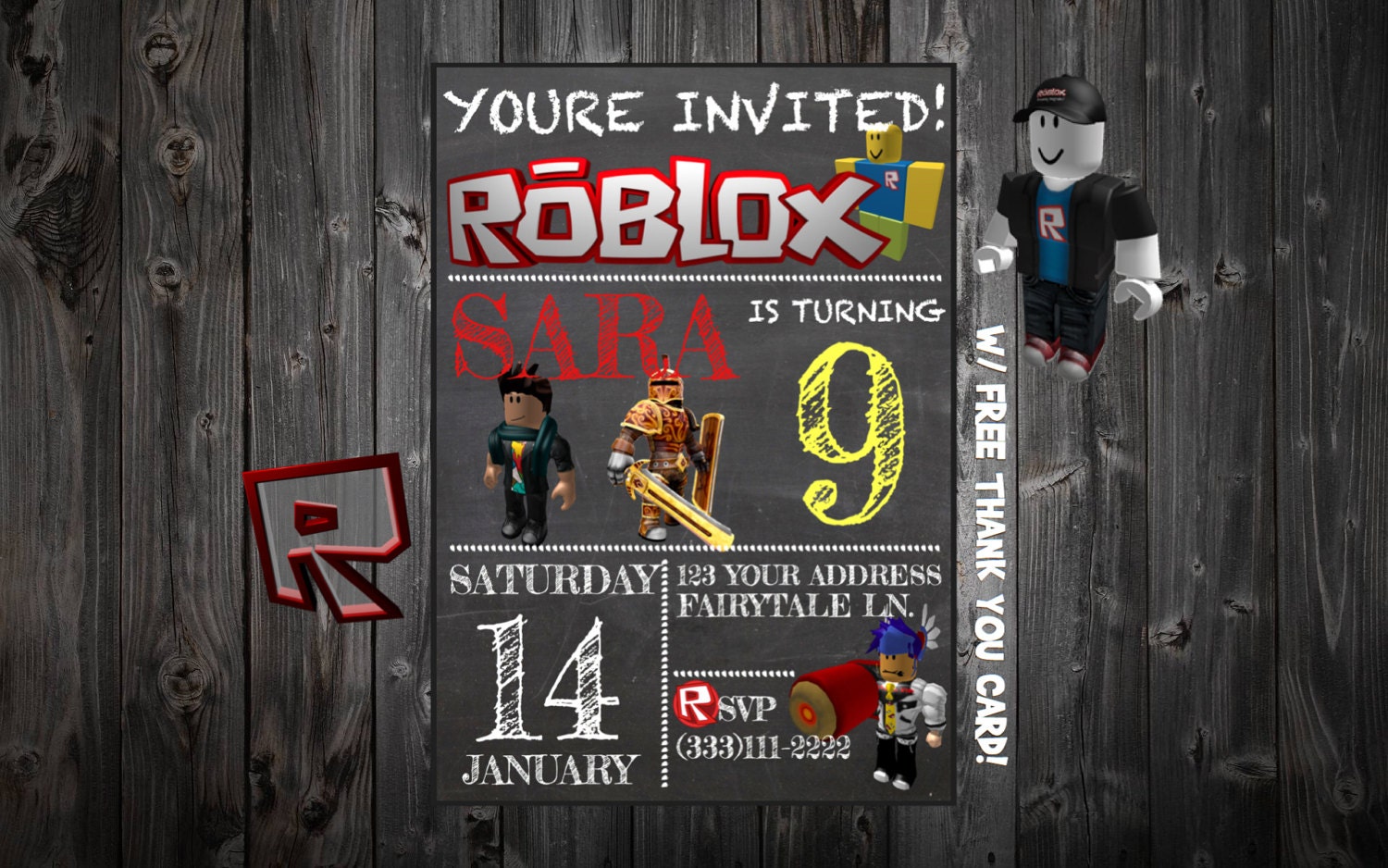 Roblox Themed Invitation Personalized Printable w/ Free Thank