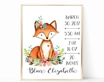 Birth Stats. Fox Birth Stats Wall Art. Floral Fox Nursery Art. Personalized Baby Gift. Woodland Nursery Wall Art. Gift For Baby Girl. 8x10
